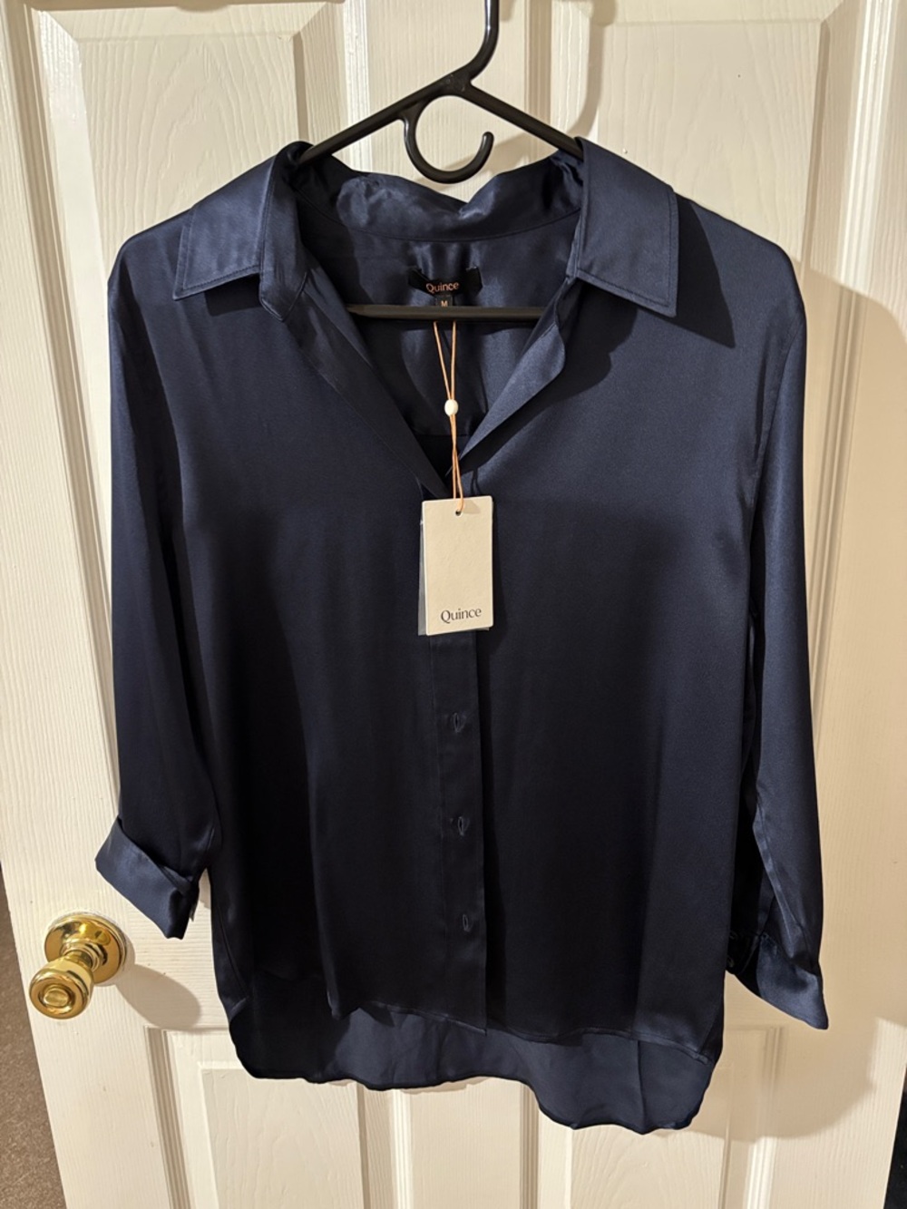 Quince Women's Navy Blue 100% Washable Silk 3/4 Sleeve Shirt